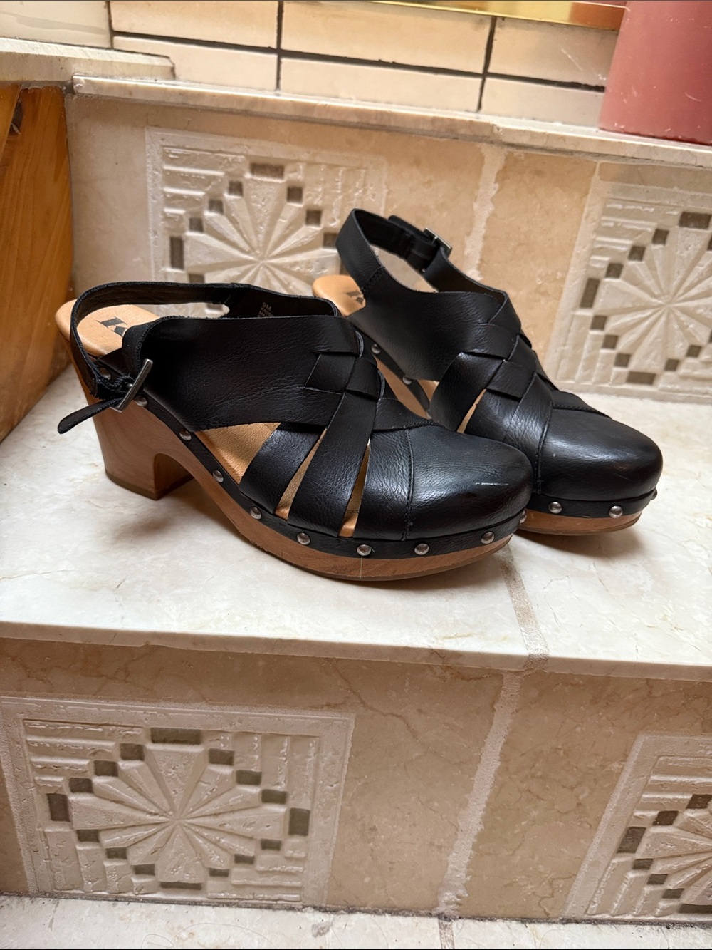 Kork-Ease Black Leather Studded Clog Sandals
